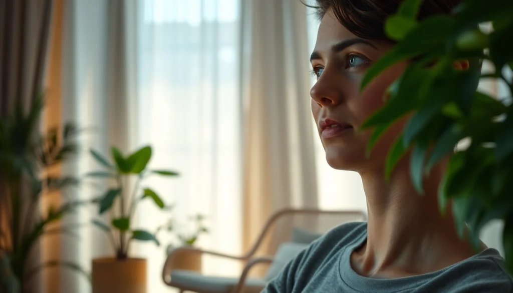 Anxiety symptoms illustrated through a serene individual in a calming space.