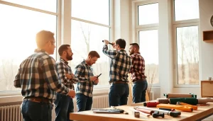 Window installation team working professionally in a bright home setting.