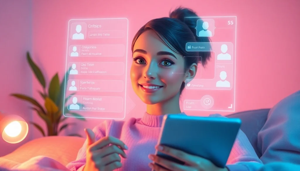 AI girlfriend engaging in friendly conversation in a cozy digital setting, showcasing interactive technology and warmth.