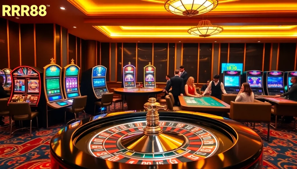 RR88 players enjoy thrilling games at a vibrant casino, showcasing slot machines and a roulette table.