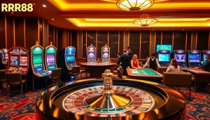 RR88 players enjoy thrilling games at a vibrant casino, showcasing slot machines and a roulette table.