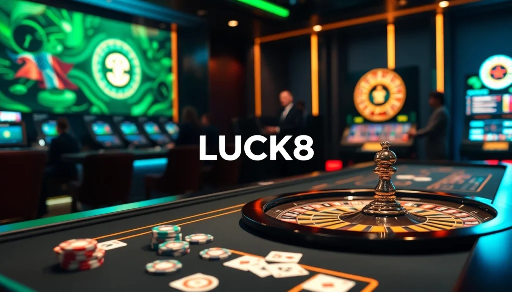 Exciting gaming action at LUCK8 casino with vibrant chips, roulette wheel, and stylish digital interface.