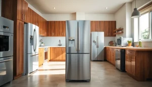 Highlighting refrigerator sales with modern appliance features in a chic kitchen setting.