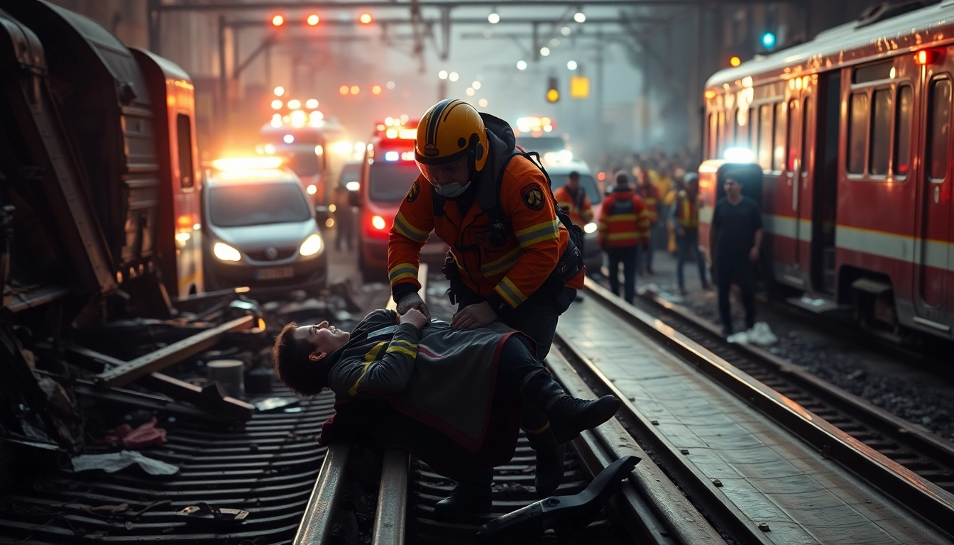 Dramatic scene of spain train crash rescue efforts with emergency responders assisting victims.