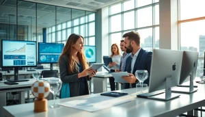 A professional office scene showcasing 슈어맨's commitment to trusted gambling verification services.