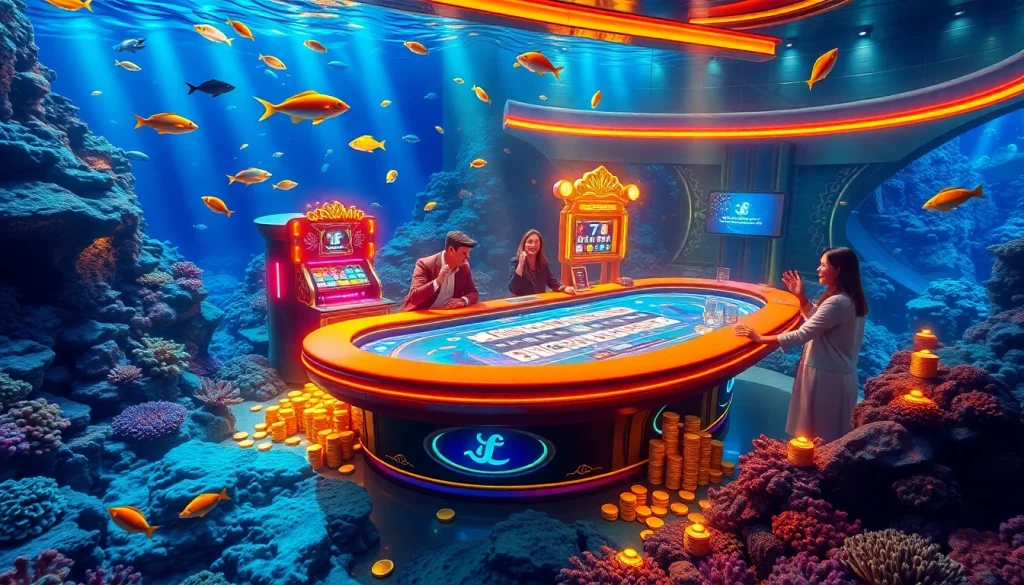 Bắn cá đổi thưởng players winning in a vibrant ocean-themed casino, showcasing excitement and luxury.