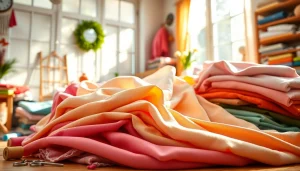 Katoen stof wassen met verschillende soorten stoffen in een creatieve naaiomgeving.