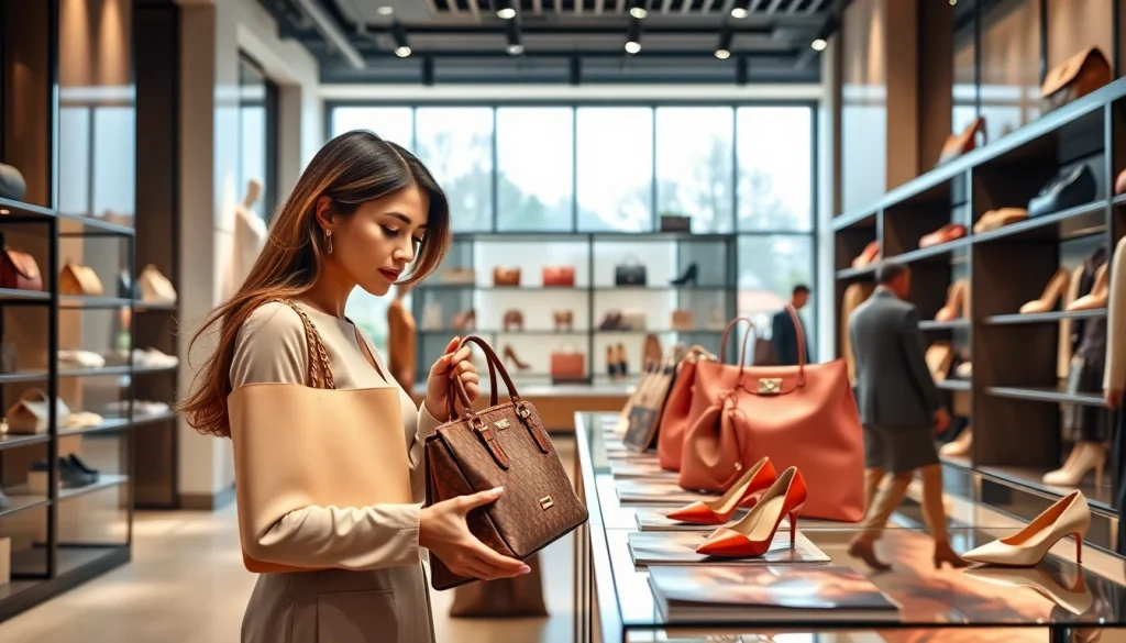 레플리카사이트에서 고급 핸드백을 살펴보는 여성의 모습