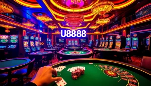 Experience the excitement of online gambling at http://u888.br.com/ with vibrant visuals of casino games, tables, and betting action.