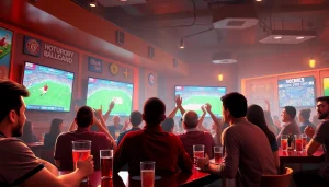 Exciting scene of sports fans enjoying live broadcasts on multiple screens at a 토토스토리 sports bar.