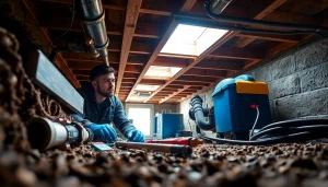 Crawl Space Restoration process showcased with a technician assuredly working in a residential crawl space.