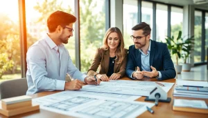 Contact residential architect Boston discussing design plans with clients in a bright, modern office.