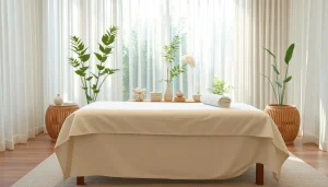 호화로운 분위기와 부드러운 조명이 있는 속초마사지의 편안한 스파 환경.