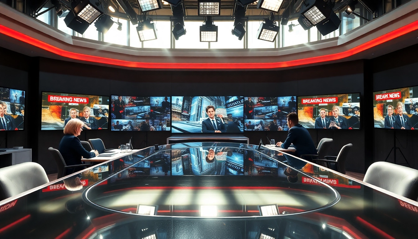 Reporters discussing breaking news in a vibrant newsroom setting.