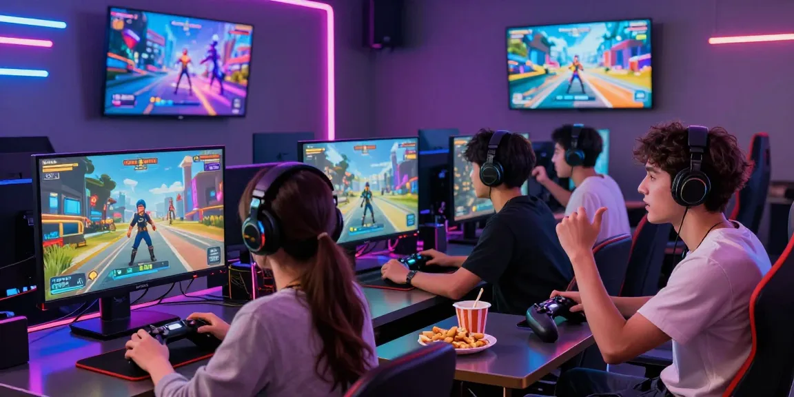 Engaged players enjoying an adult game in a vibrant gaming lounge with neon lights.