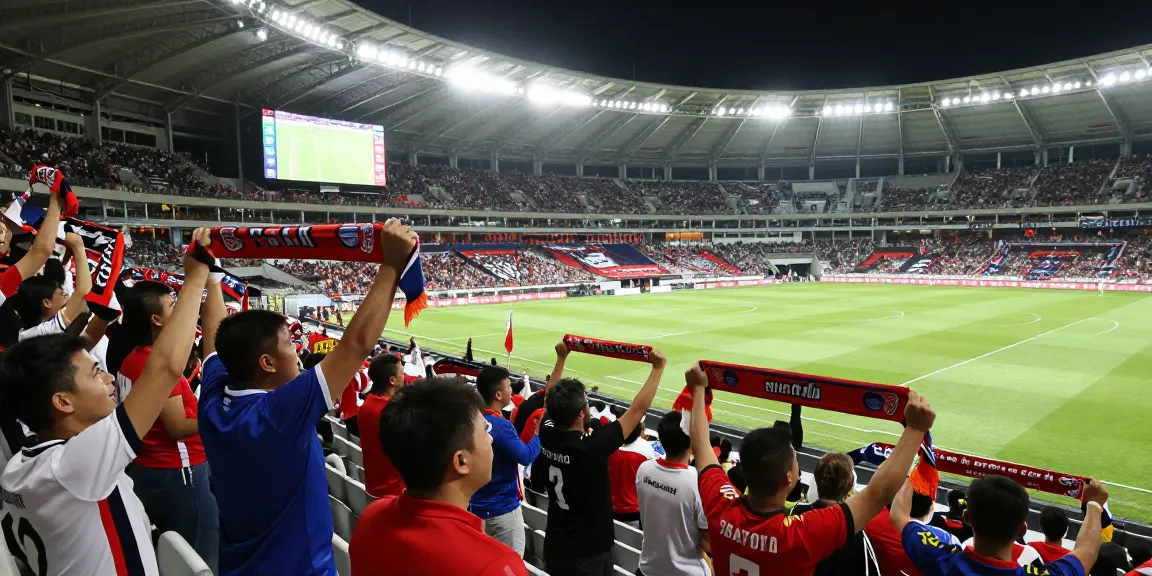 Fans enjoying a Kooralive football match live broadcast, with vibrant team jerseys and cheering in a stadium.