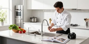 Installation of stylish kitchen faucets in a modern kitchen by a chef, showcasing elegant design and functionality.