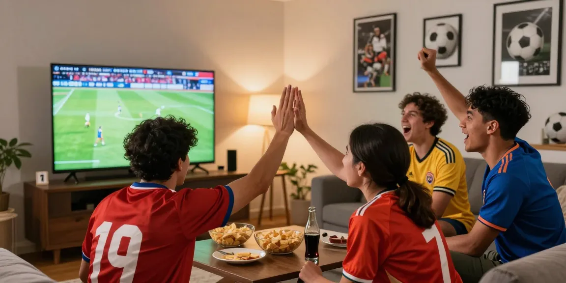 Streaming bola gratis dengan teman menonton pertandingan sepak bola di ruang tamu.